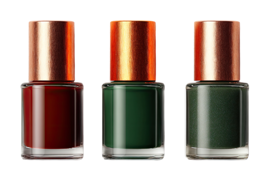Three nail polish bottles, showcasing deep burgundy, forest green, and a darker shade of green.  Each bottle has a clear glass body and a copper-toned metallic cap.  They are arranged horizontally