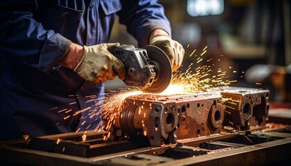Industrial Worker Grinding Metal with Sparks Flying
