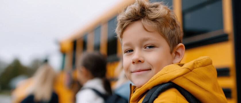 Funny Reaction of Schoolboy on First Day of School – Yellow Bus Background