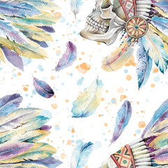 Skull in crown of feathers hand drawn watercolor illustration isolated on white with colorful brush strokes and splashes. Native American Indian roach seamless pattern for textile, fabric, wallpaper