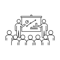 Obraz premium Two presenters discussing data on a projection screen to audience 