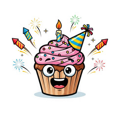 A cheerful cupcake with a party hat, candle, and fireworks, isolated on transparent background, perfect for birthday celebrations and sweet treats