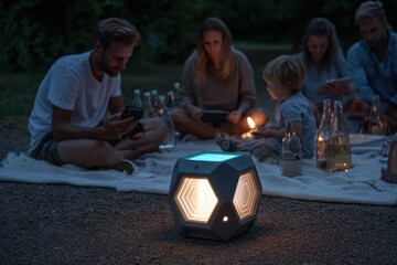 A diverse group of people gather on a blanket at dusk, illuminated by a modern geometric lantern, creating a warm and inviting ambiance for an outdoor gathering.