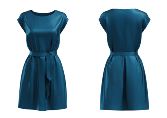 Deep teal, smooth,  fitted short dress, front and back views