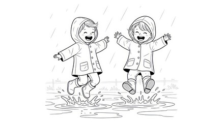 Happy cartoon children in raincoats jumping and splashing in puddles. A black and white line art illustration for a coloring book activity.