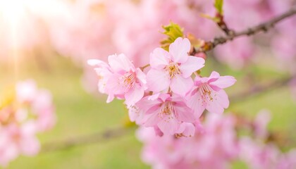 Fototapeta premium Delicate pink cherry blossoms in soft focus, bathed in sunlight, showcasing a springtime beauty.