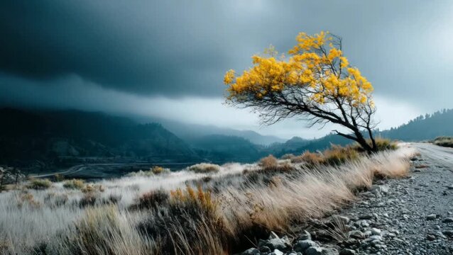 A windswept tree with yellow leaves stands on a hill against a backdrop of dark clouds and distant mountains