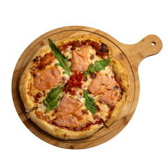 Salmon pizza with cheese and tomato sauce, delicious seafood Italian cuisine, baked gourmet dish, restaurant style
