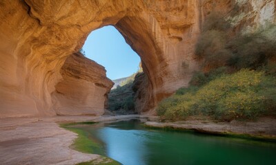 Natural archway over a tranquil turquoise river.  A breathtaking canyon vista