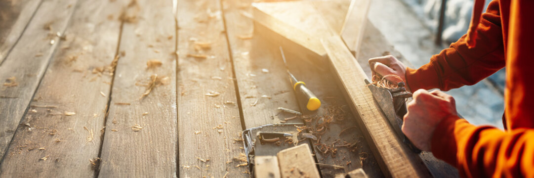 Woodworking Craftsman at Work Wide Banner with Copy Space - Powered by Adobe