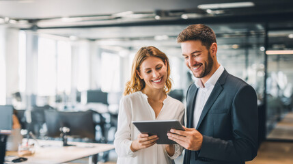 Modern open office space with colleagues collaborating on a tablet during work hours