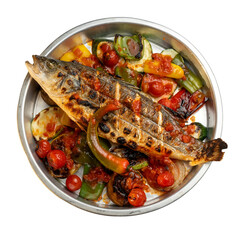 Fried fish with side dish, delicious seafood meal, crispy golden fish fillet served with vegetables and garnish
