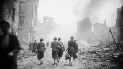 Women walking through bombed streets after destruction during wartime