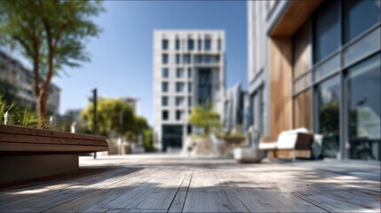 Wooden floor extending into a blurred modern cityscape, featuring contemporary buildings, trees, and outdoor furniture, ideal for product placement or showcasing urban design