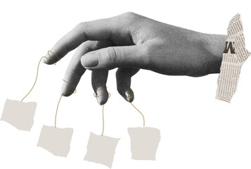 Composite collage image of hand hold springs speech bubble talking conversation