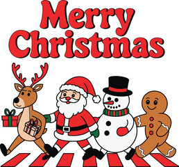 Merry Christmas characters walking Santa Claus reindeer