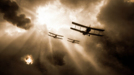 Black and white photo of warplanes flying through dramatic clouds in historic conflict