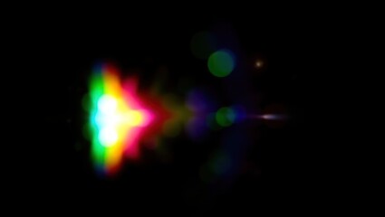 Blurred rainbow refraction overlay effect. Light lens prism effect on black background. Holographic reflection, crystal flare leak shadow overlay. Colorful rainbow disco ball light