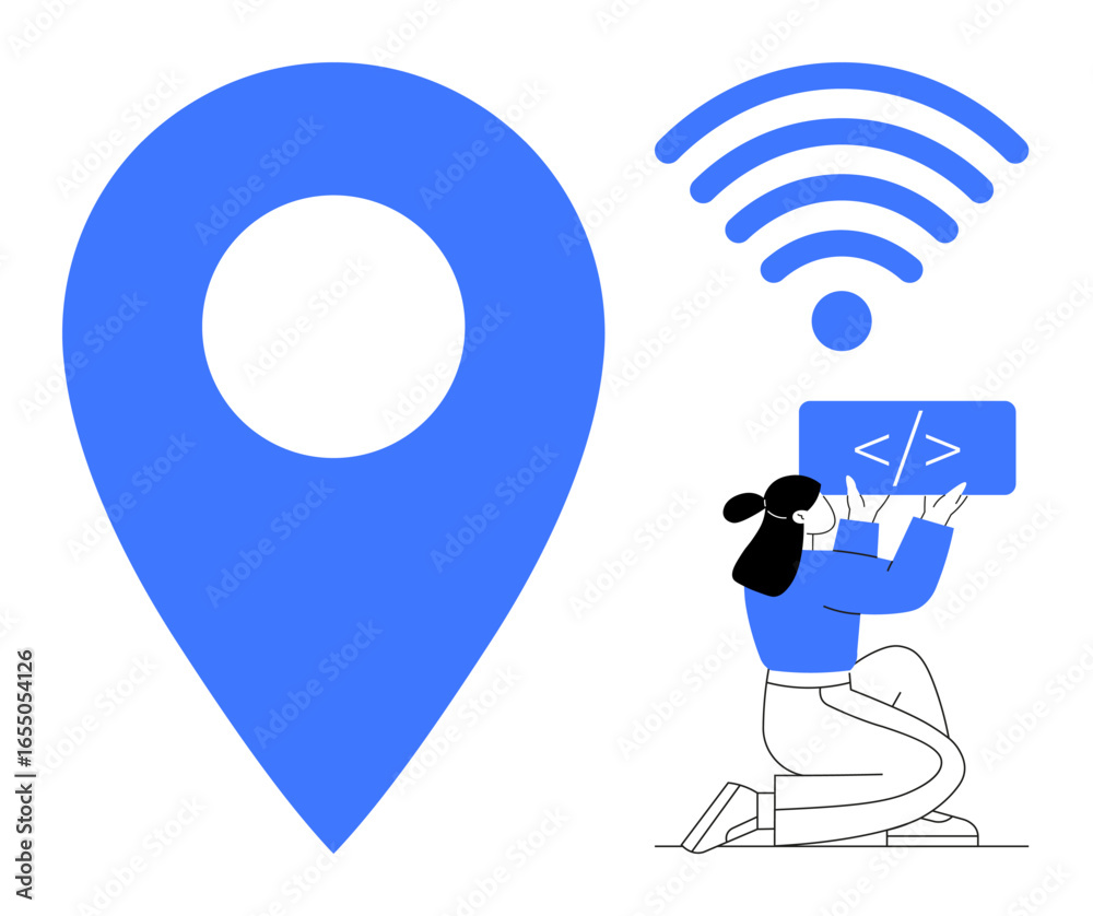 Wall mural wireless symbol, blue location pin, and a developer coding symbolize connectivity, software developm