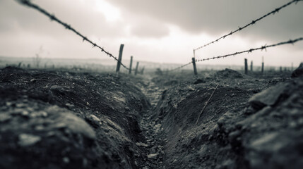 Wide shot of empty battlefield trenches illustrating desolation and conflict aftermath