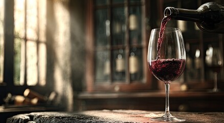 Red wine poured into a glass in a dimly lit room