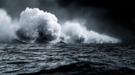 Obraz premium Naval engagement at sea with torpedo boats amidst dramatic smoke and waves