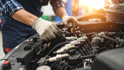 Fototapeta premium Auto Mechanic Inspecting Engine Components for Repair