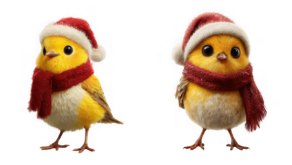 Two cute cartoon birds wearing christmas hats and scarves, isolated on transparent background