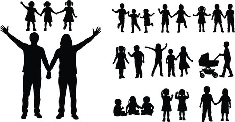 PrintSilhouette vector of adults and children holding hands, playful activities, family interactions, childhood moments, minimal artistic composition design concept
