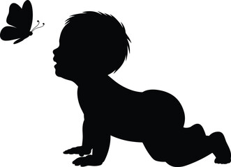 PrintSilhouette vector of crawling baby facing butterfly above head, symbolizing innocence, curiosity, childhood wonder, emotional moment, minimalist nature interaction