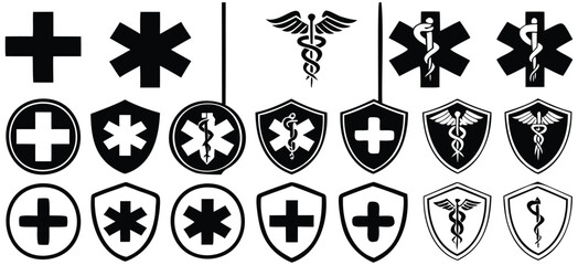 Medical Symbols Collection, Healthcare Icons on Shields and Circles