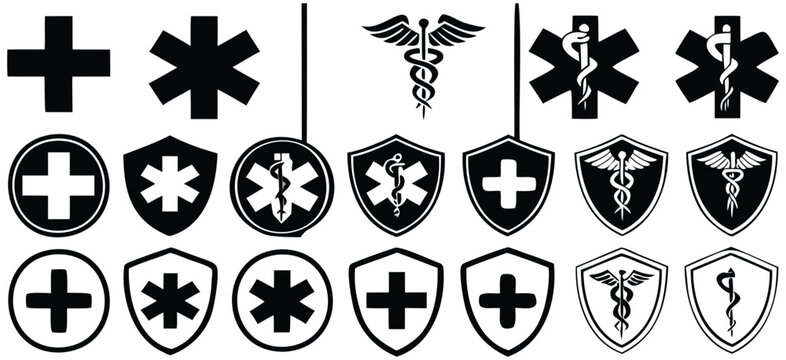 Medical Symbols Collection, Healthcare Icons on Shields and Circles