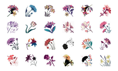 Collection of 24 Beautiful Colorful Flower Illustrations Featuring Daisies, Tulips, Hibiscus, Sunflowers, Plumeria, Roses, Lilies, Lavender, and Mixed Botanical Art Elements in Elegant Hand-Drawn Sty