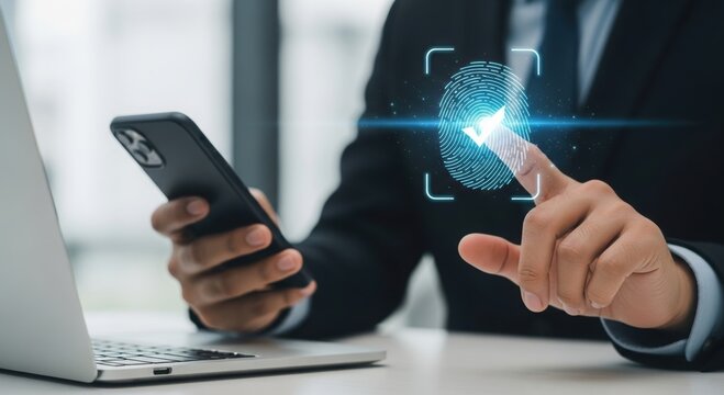 Businessman uses fingerprint scanner on smartphone for secure digital identity verification and access control technology