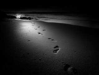 Footprints on dark sand at night