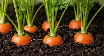 Obraz premium Vibrant and healthy organic carrots peeking out of rich, dark soil in a sunlit garden, showcasing fresh produce ready for harvest and sustainable agriculture.
