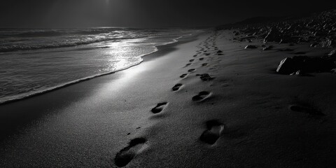 Footprints in sand at night