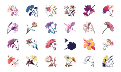 Collection of 24 Beautiful Colorful Flower Illustrations Featuring Daisies, Tulips, Hibiscus, Sunflowers, Plumeria, Roses, Lilies, Lavender, and Mixed Botanical Art Elements in Elegant Hand-Drawn Sty