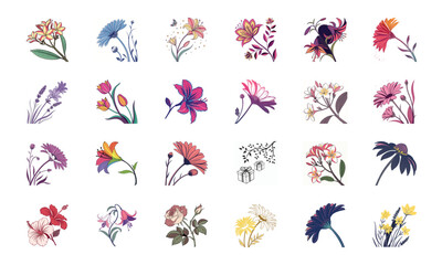 Collection of 24 Beautiful Colorful Flower Illustrations Featuring Daisies, Tulips, Hibiscus, Sunflowers, Plumeria, Roses, Lilies, Lavender, and Mixed Botanical Art Elements in Elegant Hand-Drawn Sty