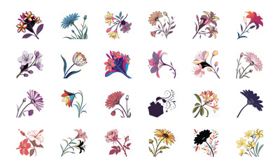 Collection of 24 Beautiful Colorful Flower Illustrations Featuring Daisies, Tulips, Hibiscus, Sunflowers, Plumeria, Roses, Lilies, Lavender, and Mixed Botanical Art Elements in Elegant Hand-Drawn Sty