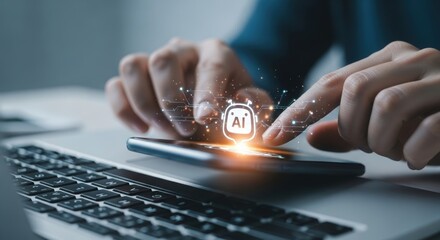 Close up of hands interacting with a smartphone displaying an ai icon with digital connections on a laptop keyboard