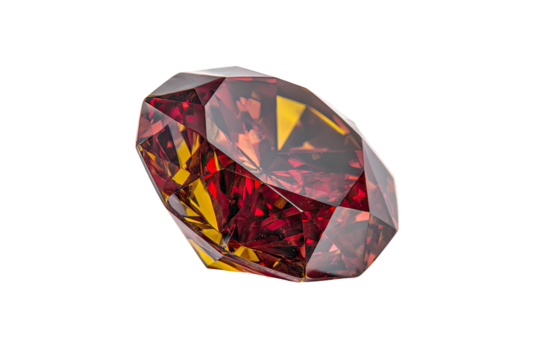 Close-up of a faceted, reddish-orange gemstone. Its facets display a gradient of reds and oranges. The gemstone is oval-shaped and positioned against a black background - Powered by Adobe