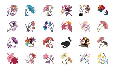 Collection of 24 Beautiful Colorful Flower Illustrations Featuring Daisies, Tulips, Hibiscus, Sunflowers, Plumeria, Roses, Lilies, Lavender, and Mixed Botanical Art Elements in Elegant Hand-Drawn Sty