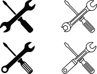 PrintVector illustration of four crossed screwdriver and wrench icons in solid and outline styles, ideal for tools, repair, and maintenance themes