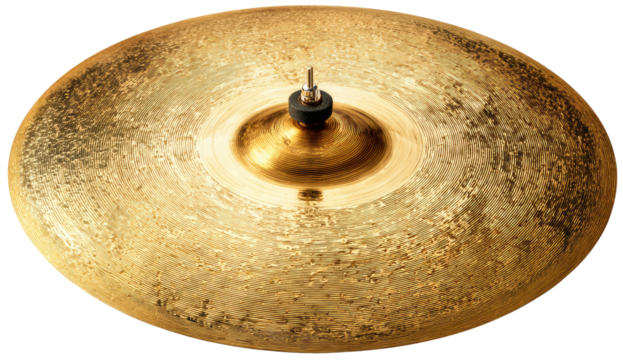 Close-up of a golden, textured cymbal