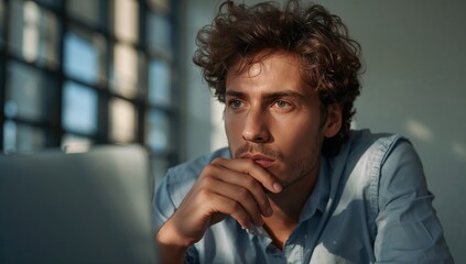 Thoughtful young man in casual shirt working on laptop in a modern office with natural light