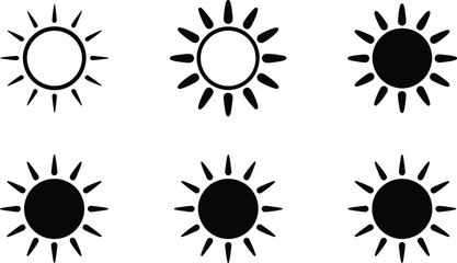 Fototapeta premium Sun Icon Set with Various Styles, Black Silhouette on Transparent Background Shapes