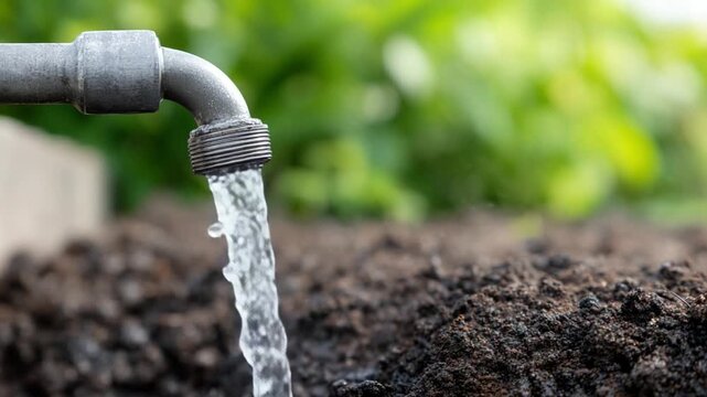 Fresh Water Flow: A close-up shot reveals a stream of water gushing from a metallic faucet, cascading onto rich, dark soil, illustrating the essential relationship between nature and resource. 