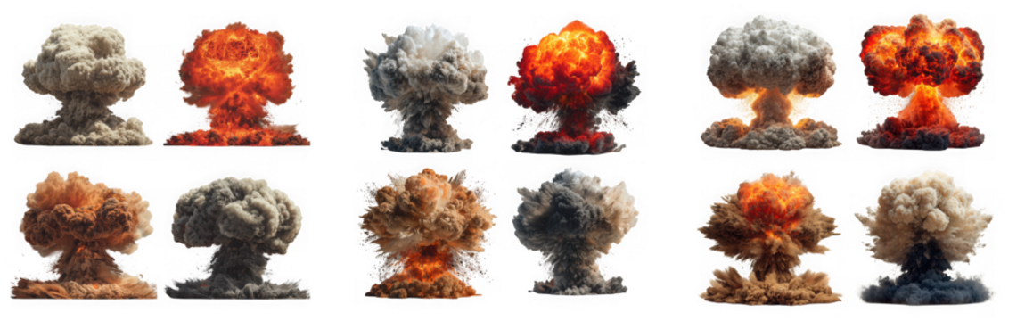 Collection of mushroom clouds from nuclear explosions isolated on transparent background