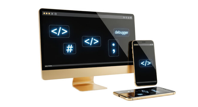 Computer and mobile phone displaying code isolated on transparent background